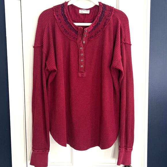 Free People We The Free Holly Henley Red Oversized Top Boho Blouse Size Large - Picture 2 of 7